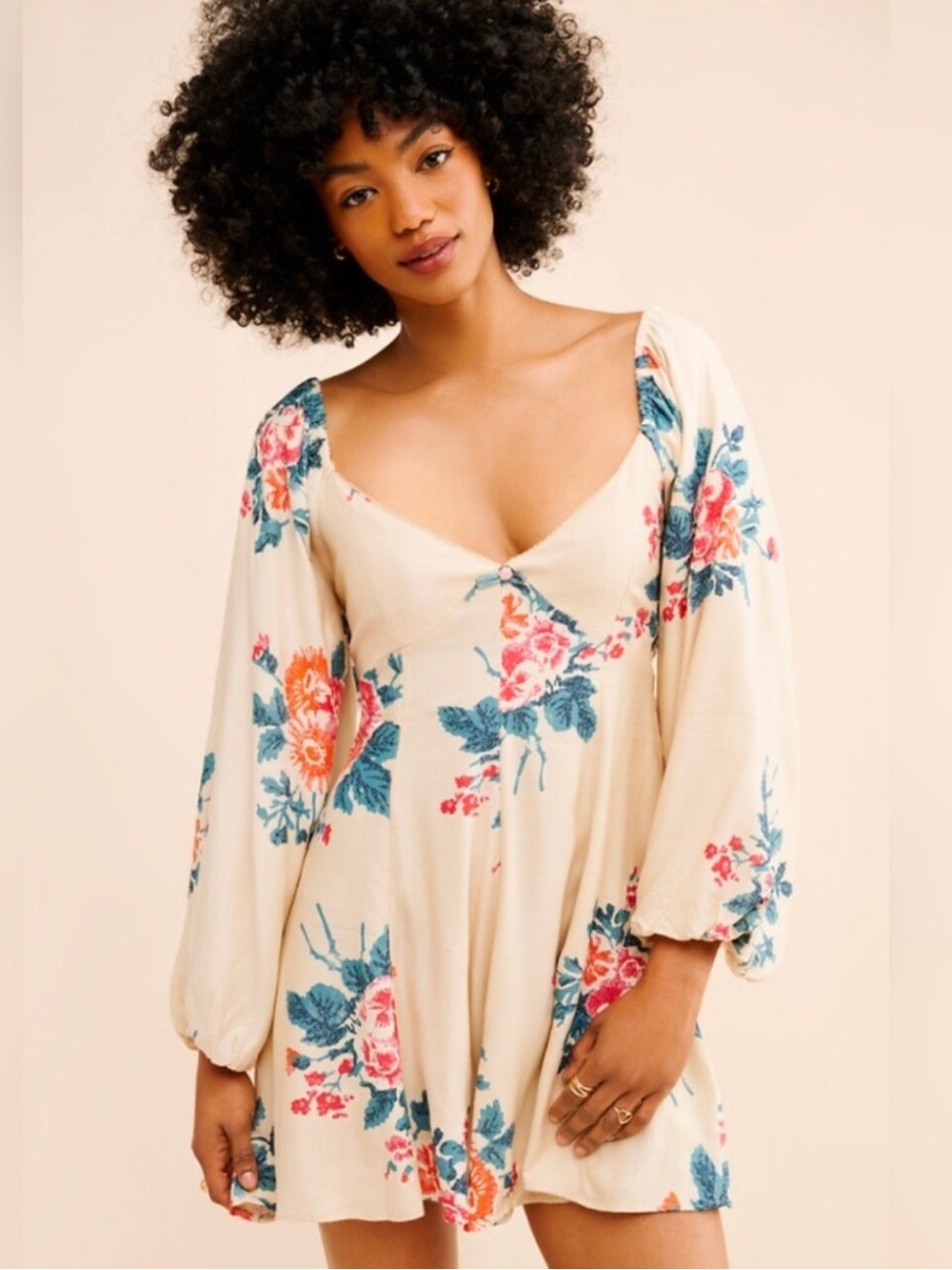 Free People Francesca Mini Dress cream floral print Size:L NWT